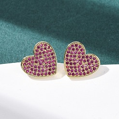 Сердце из латуни микро проложить кубического циркония серьги стержня&nbsp;EJEW-H178-01G-01