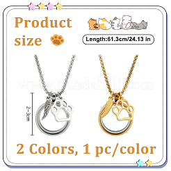 2 шт. 2 цвета нержавеющая сталь отпечаток лапы перо плоский круглый медальон из меха домашнего животного подвеска коробка цепочка ожерелья NJEW-DR00016