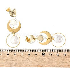 天然ケシパールと真鍮リンクコネクターーのスタッドピアス  サン＆ムーン  真鍮製のイヤリング金具を使用した女性用  ゴールドカラー  57x20mm&nbsp;EJEW-JE07457