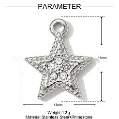 304ステンレススチールラインストーンチャーム  スターのチャーム  ステンレス鋼色  15x13mm&nbsp;STAS-OY001-22P