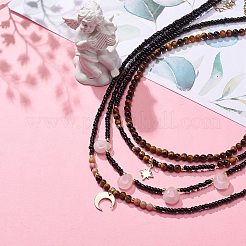 4 個 4 スタイル真鍮ムーン & スター ペンダント ネックレス セット  天然タイガーアイ & ローズ クオーツ & ガラス シード ビーズ スタッカブル ネックレス 女性用  ブラック  13.98~18.62インチ（35.5~47.3cm）  1個/スタイル&nbsp;NJEW-JN04019