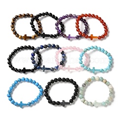 Браслеты-цепочки из натуральных и синтетических смешанных драгоценных камней с круглыми и крестообразными бусинами BJEW-C119-01