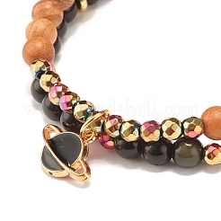 2 pièces 2 bracelets extensibles en obsidienne naturelle et hématite synthétique et bois avec breloque planète&nbsp;BJEW-JB07616