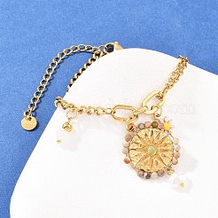 Браслеты с подвесками в виде плоских круглых цветов из нержавеющей стали 304 и эмали&nbsp;BJEW-P375-02G