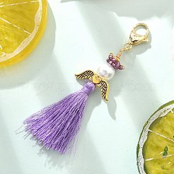 エンジェルガラスパール＆ミユキシードビーズ＆ポリコットンタッセルペンダントデコレーション  バックパックの装飾用  紫色のメディア  67~74mm&nbsp;HJEW-MZ00197-01