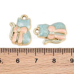 合金エナメルチャーム  リボンチャーム付きの猫の形  ゴールドカラー  空色  19x13.5x4mm  穴：2mm&nbsp;AL-CBA4E99-01G-D