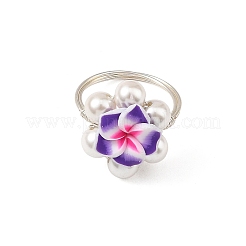 Anelli da dito in argilla polimerica con fiori di plumeria e perline di conchiglia&nbsp;RJEW-JR01098