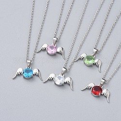 Brass Cubic Zirconia Pendant Necklaces, with 304 Stainless Steel Cable Chains and Lobster Claw Clasps, Angel Wings, Stainless Steel Color, Mixed Color, 15.7 inch(40cm), 1.5mm