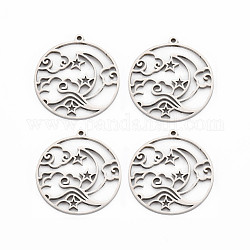 201 Stainless Steel Pendants, Ring with Star & Moon, Stainless Steel Color, 30x28x1.5mm, Hole: 1.5mm