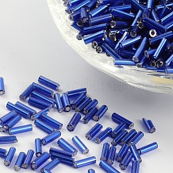 Perles de bugle en verre, Argenté, bleu moyen, 6~8x1.8mm, Trou: 0.6mm, 1250 pcs / 50 g