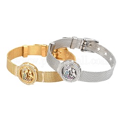 Unisex 304 Edelstahl Uhrenarmband Wristband-Armbänder, mit Messing Micro pave Zirkonia Slider Charms, flache Runde mit Mutter und Kind, Mischfarbe, 8-5/8 Zoll (21.8 cm), 10 mm