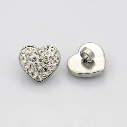 304 Stainless Steel Heart Slide Charms, with Polymer Clay Rhinestone, Stainless Steel Color, Crystal, 15x17x12mm, Hole: 4mm