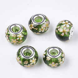 Perline di vetro europeo , perline con foro grande, con tono platino ottone doppie core, rondelle con sakura, verde, 14x10~11mm, Foro: 5 mm