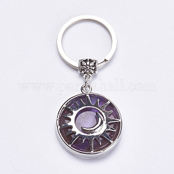 Porte-clés améthyste naturelle, avec accessoires en laiton, plat rond avec le soleil et la lune, 64mm