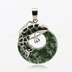 Natural Green Spot Jasper Pendants, with Brass Findings, Flat Round with Fish, Platinum Metal Color, 33.5x28x5mm, Hole: 4.5x7mm