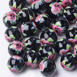 Perles de verre imprimées et peintes au pistolet, ronde avec motif de fleurs, noir, 8~8.5x7.5mm, Trou: 1.4mm