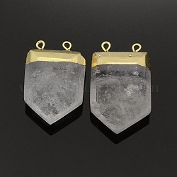 Pendentifs pointus en cristal de quartz naturel, cristal de roche, avec les accessoires en laiton de tonalité d'or, cristal, 28~33x19~21x7mm, Trou: 2mm