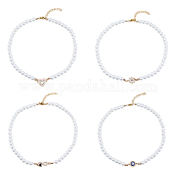 Fibloom 4 pcs 4 style coeur et mauvais œil et infini et barre en laiton strass pendentif colliers sertis de chaînes de perles d'imitation de perles pour les femmes, blanc, 16.93~17.52 pouce (43~44.5 cm), 1pc / style