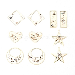 Epoxy Resin Pendants, with Shell and Brass Findings, Colorful, Heart/Star/Rectangle/Flat Round/Rhombus with Teardrop, Golden, 10pcs/set