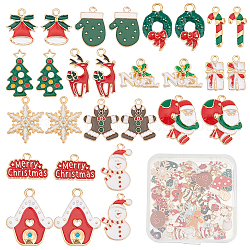 SUNNYCLUE 56Pcs 14 Style Alloy Enamel Pendants, for Christmas, Light Gold, Snowflake & Snowman & Candy Cane & Wreath & Bell, Mixed Color, 14.5~26x9~21x1.5~6mm, Hole: 1.2~2mm, 4pcs/style
