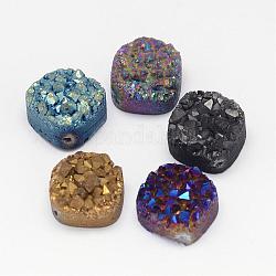 Galvanizadas druzy natural de cristal de cuarzo, cuadrado, color mezclado, 14x14x8~10mm, agujero: 1.5 mm