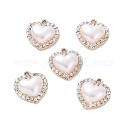 Colgantes de aleación de Diamante de imitación, con cuentas de perlas de imitación de plástico abs, charm de corazón, la luz de oro, 17x15.5x5mm, agujero: 1.8 mm