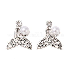 Lega del rhinestone pendente, con perle imitazione perla, ciondoli a forma di coda di balena, argento, 16.5x14x5.5mm, Foro: 1.4 mm