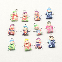 Handmade Little Girl with Flower Polymer Clay Zinc Alloy Pendants, Mixed Color, 19x14x4mm, Hole: 2mm