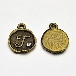 Placcati bronzo antico in lega di fascini di strass, rotonda e piatta con letter.j, nichel libero, 13x10x1.5mm, Foro: 1 mm