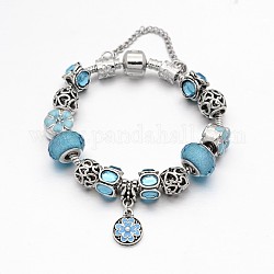 Flower Alloy Rhinestone Enamel European Beaded Bracelets, with Resin European Beads, Brass Chains and Alloy Clasps, Sky Blue, 180mm