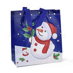 Borse impermeabili in tessuto non tessuto laminato a tema natalizio, borse della spesa riutilizzabili per carichi pesanti, rettangolo con manici, blu scuro, modello di pupazzo di neve, 26.8x12.2x28.7cm