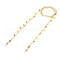 Brass Eyeglasses Chains, Neck Strap for Eyeglasses, with Brass Enamel Charms, 304 Stainless Steel Lobster Claw Clasps and Rubber Loop Ends, Star & Moon & Flower, Colorful, Golden, 29.13 inch(74cm)