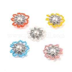 Perline di vetro fatte a mano perline intrecciate, con perle di plastica imitazione perla, fiore, colore misto, 22~26x8mm
