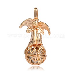 Golden Plated Brass Hollow Round Cage Pendants, with No Hole Spray Painted Brass Round Beads, Angel, Silver, 44x29x20mm, Hole: 3x8mm