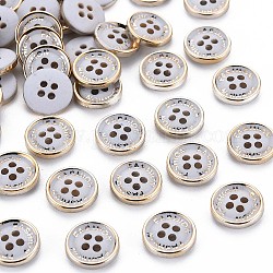 Пластиковые кнопки 4-отверстие, с позолоченным краем, плоско-круглые, светло-серый, 12.5x2.5 мм, отверстие : 1.8 мм