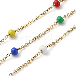 Vakuumbeschichtung von 304 Edelstahl-Kabelketten mit bunten Emaille-Unterlegscheibe-Perlen, Satellitenketten, gelötet, mit Spule, golden, 2x1.5x0.3 mm, 4x3 mm
