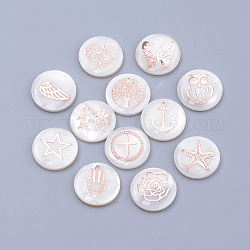 Freshwater Shell Cabochons, with Iron Findings, Flat Round with Mixed Shape Pattern, Rose Gold, Seashell Color, 16x3.5mm
