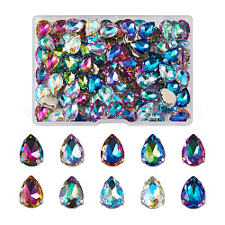 Cheriswelry 100Pcs 10 Colors Sew on Rhinestone, Faceted Glass Rhinestone, Multi-Strand Links, with Platinum Tone Alloy Settings, Teardrop, Mixed Color, 14x10x6mm, Hole: 1.2mm, 10pcs/color