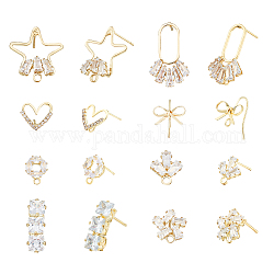 CHGCRAFT 16Pcs 8 Style Iron Stud Earrings Findings, with Clear Cubic Zirconia and 925 Sterling Silver Pin, with Horizontal Loops, Star & Oval & Heart & Flower & Bowknot, Golden, 10.5~24.5x6~15mm, Hole: 1.8~2.2mm, Pin: 0.6~07mm, 2Pcs/style