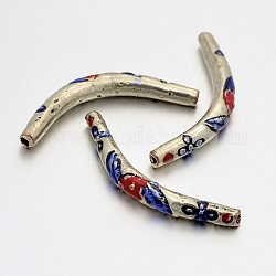 Antique Silver Tone Alloy Enamel Curved Tube Beads, Lead Free & Cadmium Free & Nickel Free, Blue, 43x5mm, Hole: 1.5mm