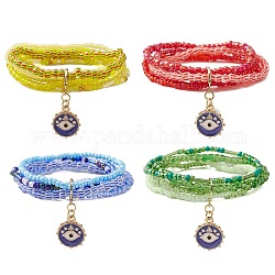 Bracelet multi-brins de perles de graines de verre, Bracelet extensible à breloques en émail en alliage mauvais œil, couleur mixte, diamètre intérieur: 1-7/8 pouce (4.65 cm)