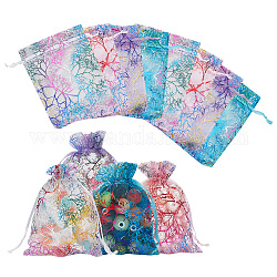 Nbeads 100 pz 4 colori rettangolo pizzo organza sacchetti regalo con coulisse, per i sacchetti di immagazzinaggio della festa di nozze, modello di ramo, colore misto, 12~12.5x9~9.5x0.1cm, 25 pz / colore