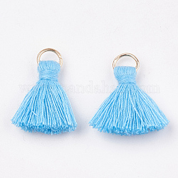 Polycotton(Polyester Cotton) Tassel Pendant Decorations, with Iron Findings, Light Gold, Light Sky Blue, 20~30x7~8mm, Hole: 5mm