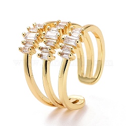 Anillo de puño de circonita cúbica de tres líneas, anillo abierto hueco de latón chapado en oro real de 18k para mujer, sin plomo y el cadmio, Claro, nosotros tamaño 7 3/4 (17.9 mm)