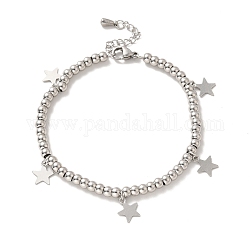 304 Stainless Steel Star Charm Bracelet with 201 Stainless Steel Round Beads for Women, Stainless Steel Color, 8-1/2 inch(21.6cm)