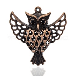 Red Copper Plated Alloy Rhinestone Big Pendants, Hollow Owl for Halloween, Nickel Free, Jet, 50x48x13mm, Hole: 2mm