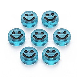 Perles en acrylique transparente, avec de la poudre de paillettes, rond plat avec visage souriant en émail noir, bleu acier, 10x5mm, Trou: 2mm, environ 1450 pcs/500 g
