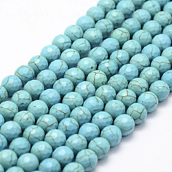 Sfaccettati filati sintetici di perle turchesi, tondo, tinto, cielo blu, 6mm, Foro: 1.5 mm, circa 68~69pcs/filo, 14.7 pollice
