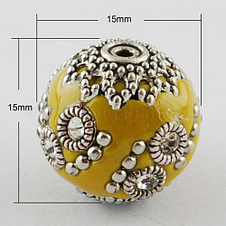 Handmade Indonesia Beads, with Alloy Cores, Round, Antique Silver, Dark Goldenrod, 15x15x15mm, Hole: 1mm