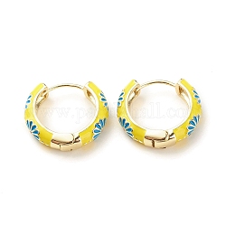 Daisy Flower Enamel Hoop Earrings, Gold Plated Brass Hinged Earrings for Women, Yellow, 20x22x5mm, Pin: 0.9mm